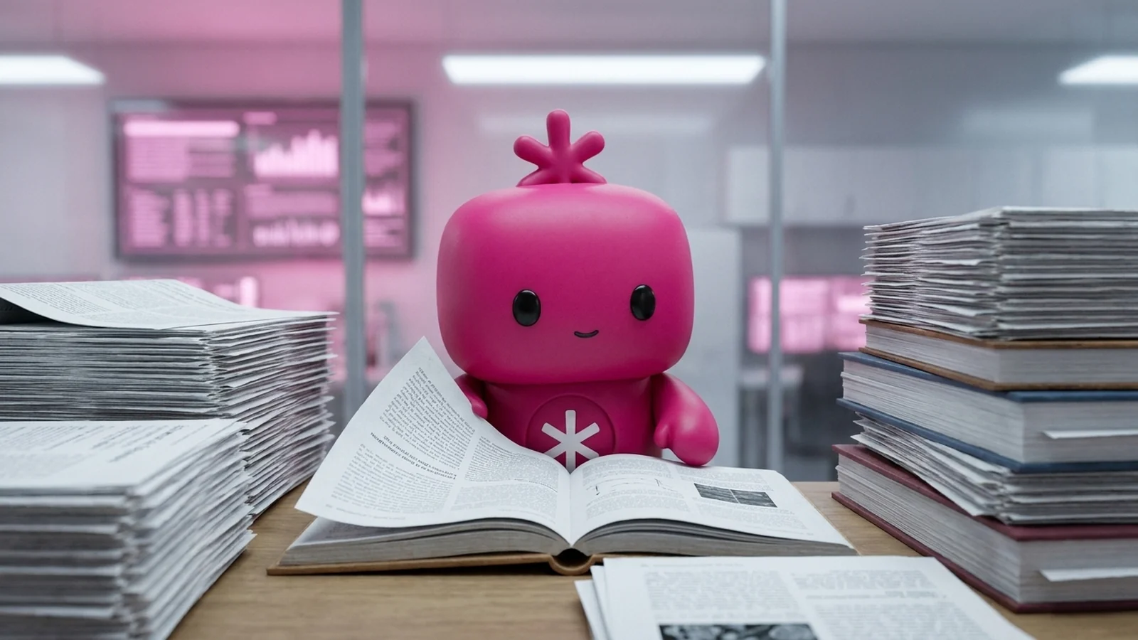 An RDLB agent reading through stacks of scientific literature at a lab station.