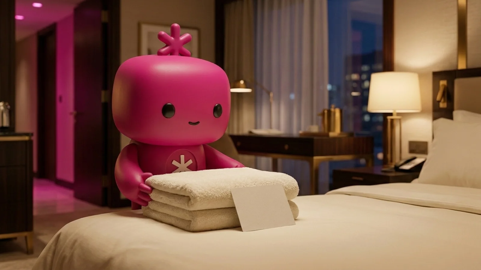 An RDLB agent placing a folded towel and welcome card on a luxury hotel bed.