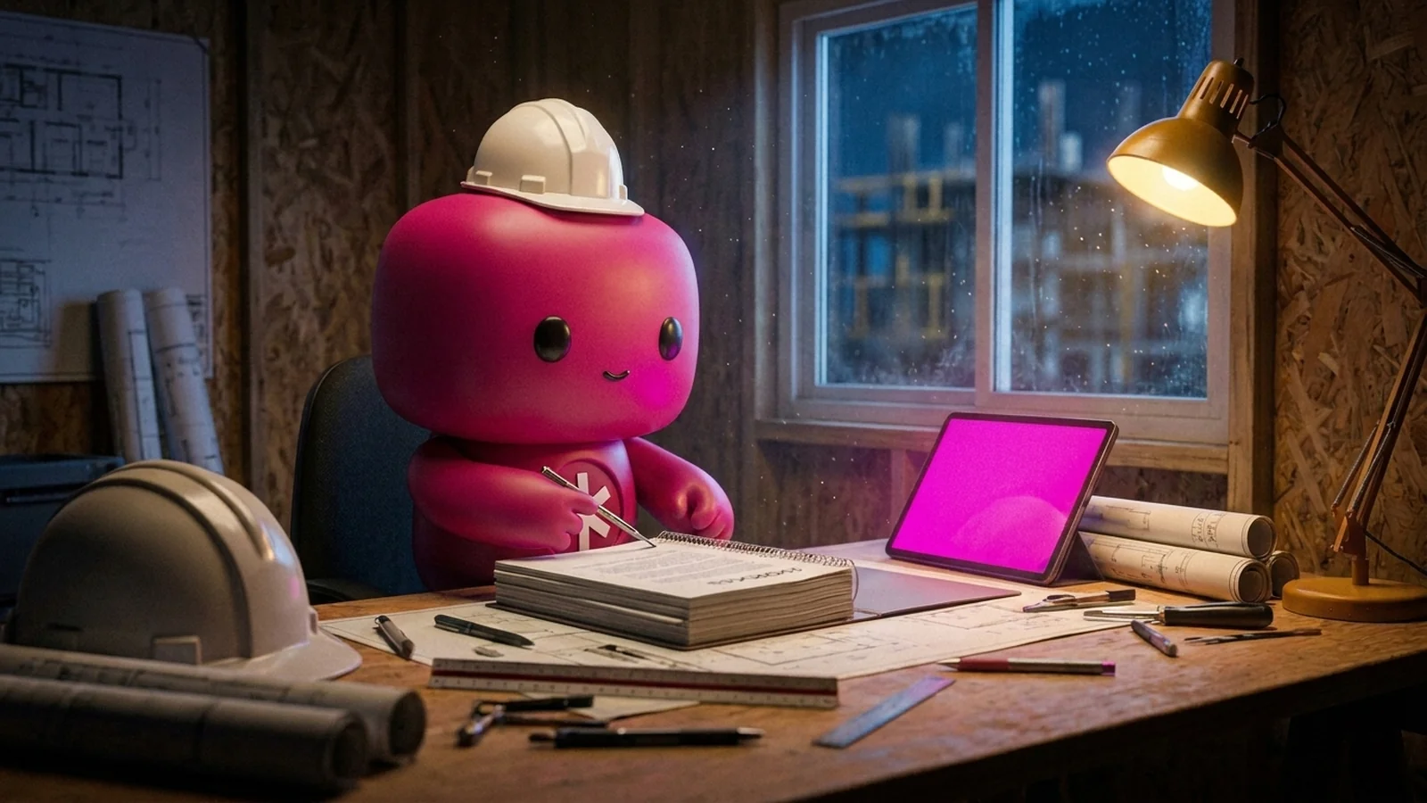 An RDLB agent assembling a bound proposal at a site office drafting table at night.