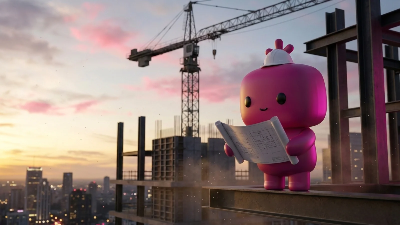 An RDLB agent in a hard hat reviewing a blueprint on a high rise construction site at dusk.