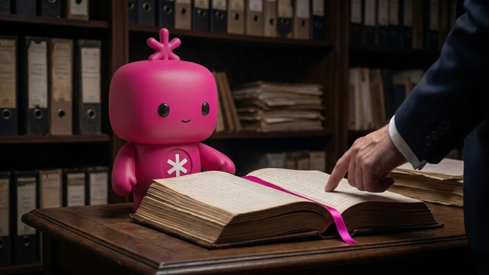 An RDLB agent presenting an open ledger to an executive, a magenta ribbon marking the page.