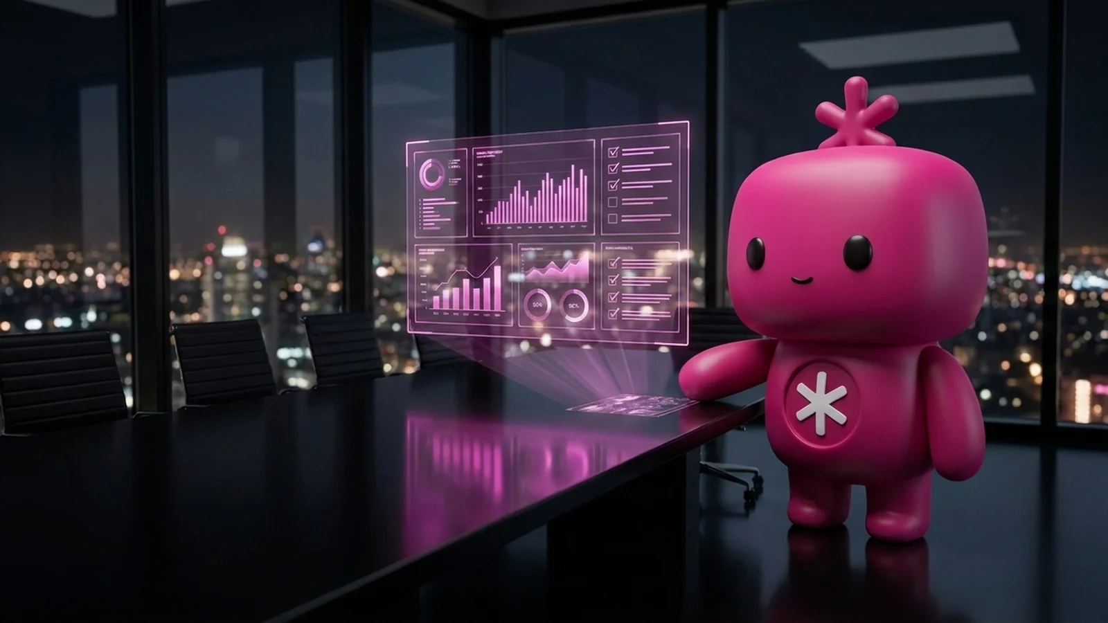 An RDLB agent in a glass boardroom at night with compliance panels glowing above the table.
